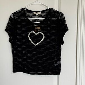 NWT Sugar Moon Black Lace Top w/ Pearl Heart Detail – Size XL